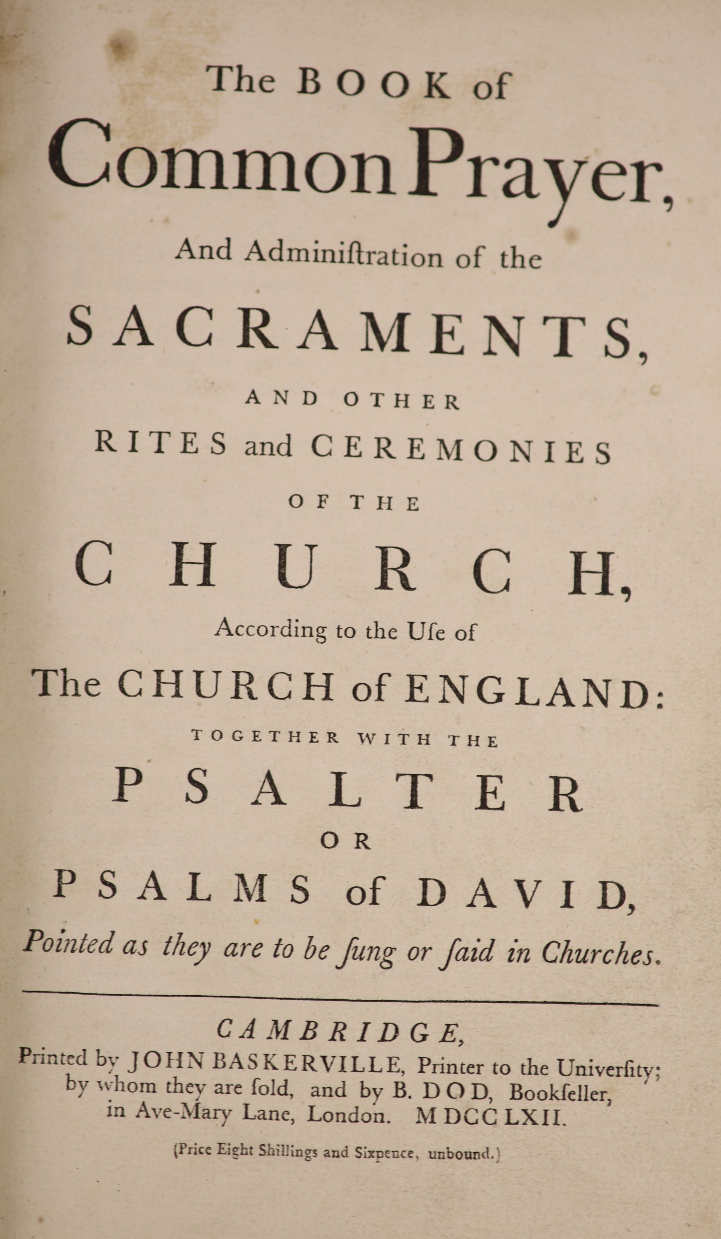 The Book of Common Prayer, and Administration of the Sacraments ... gilt decorated red calf, sometime rebacked gilt-panelled spine, roy.8vo. Cambridge: printed by John Baskerville ...